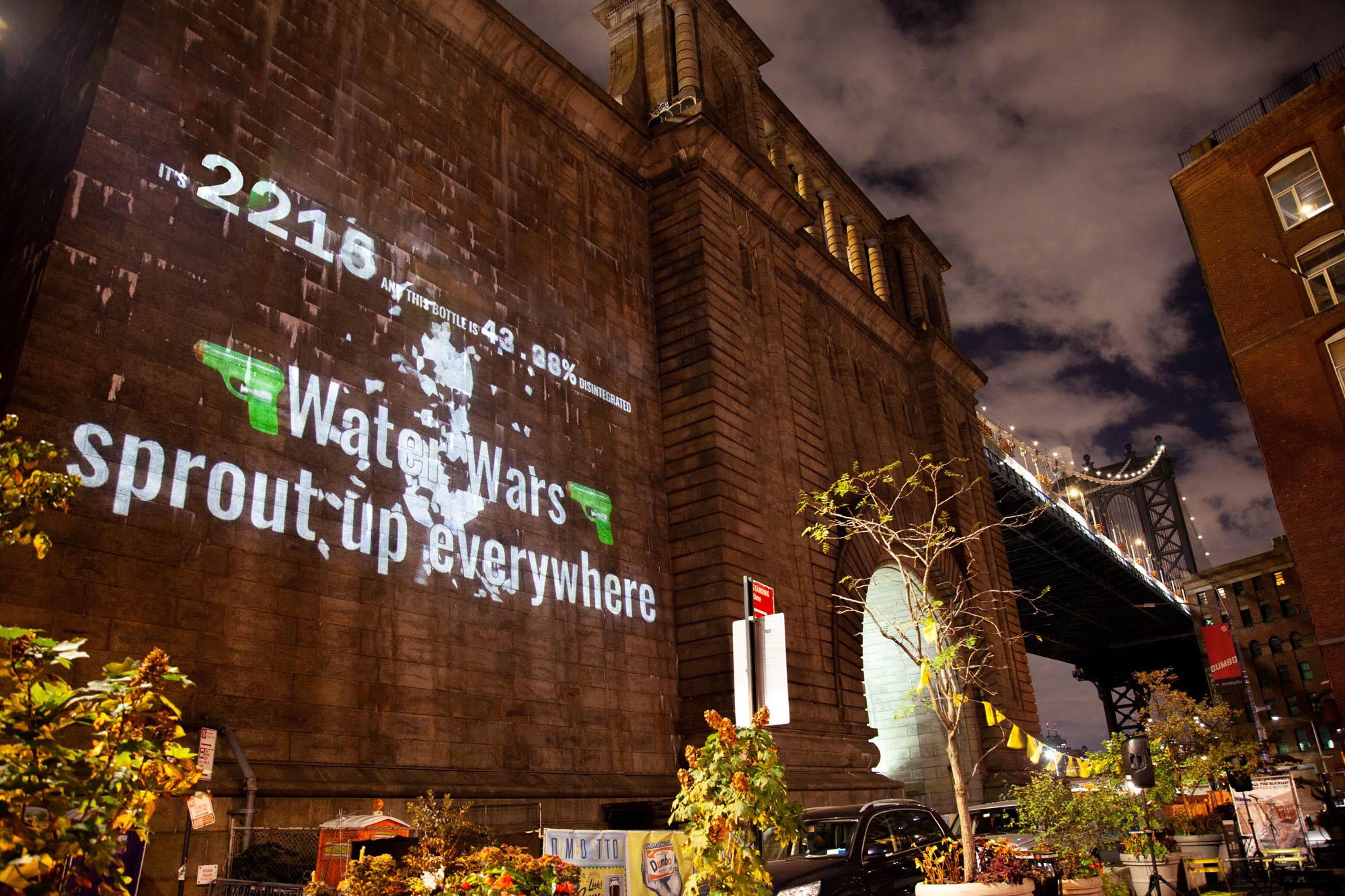 Video of the project projected on the Manhattan Bridge at night. Video contents: 'It is the year 2215, Water Wars sprout up everywhere